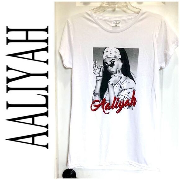 AALIYAH - NWOT - L Sz L - Crewneck, Cap Sleeve, White Graphic Tee - Picture 1 of 7
